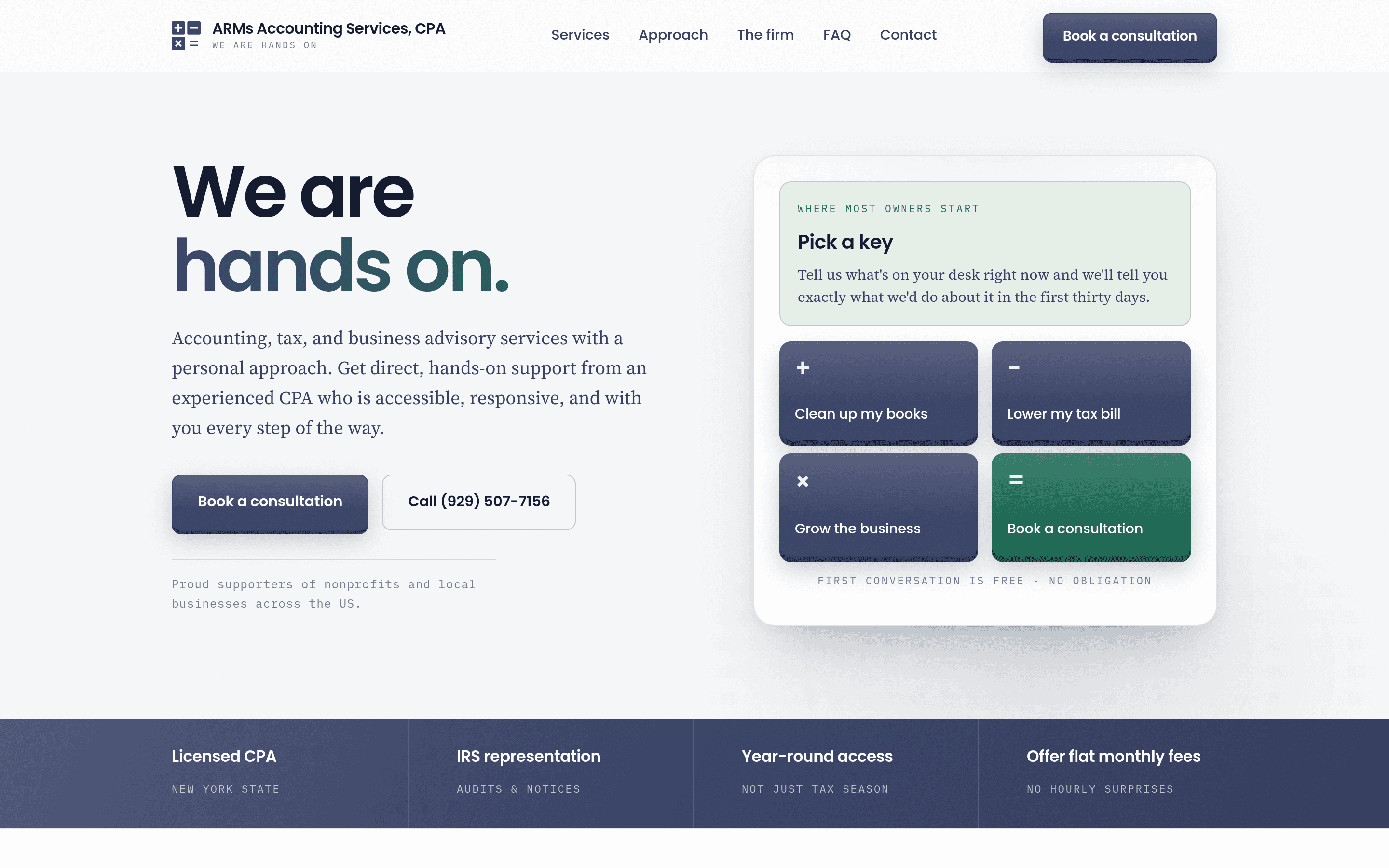 ARMs Accounting Services, CPA website on a laptop: 'We are hands on' homepage hero with consultation booking and service chooser