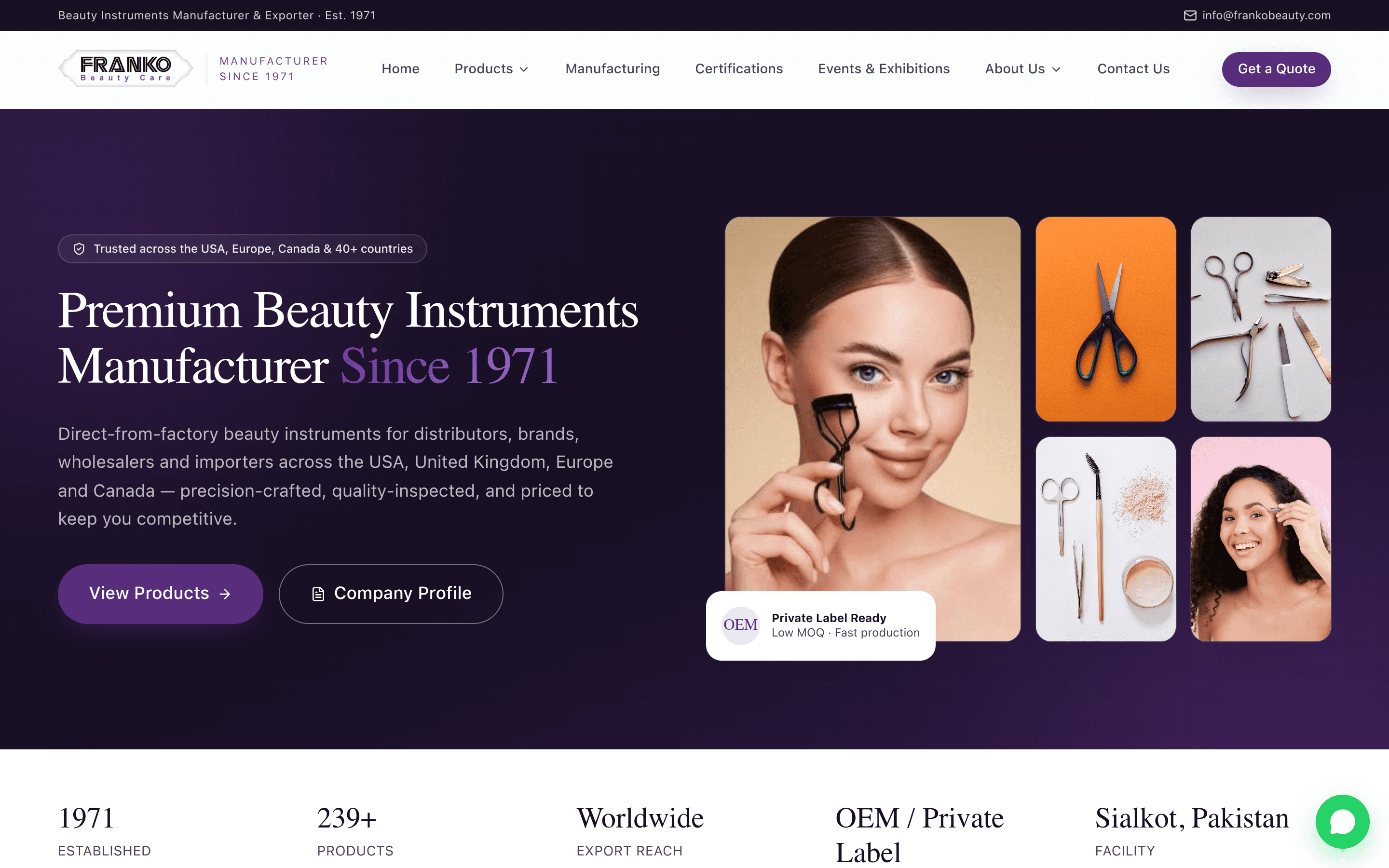 Franko Beauty website on a laptop: homepage for a beauty instruments manufacturer since 1971, with product imagery and quote buttons