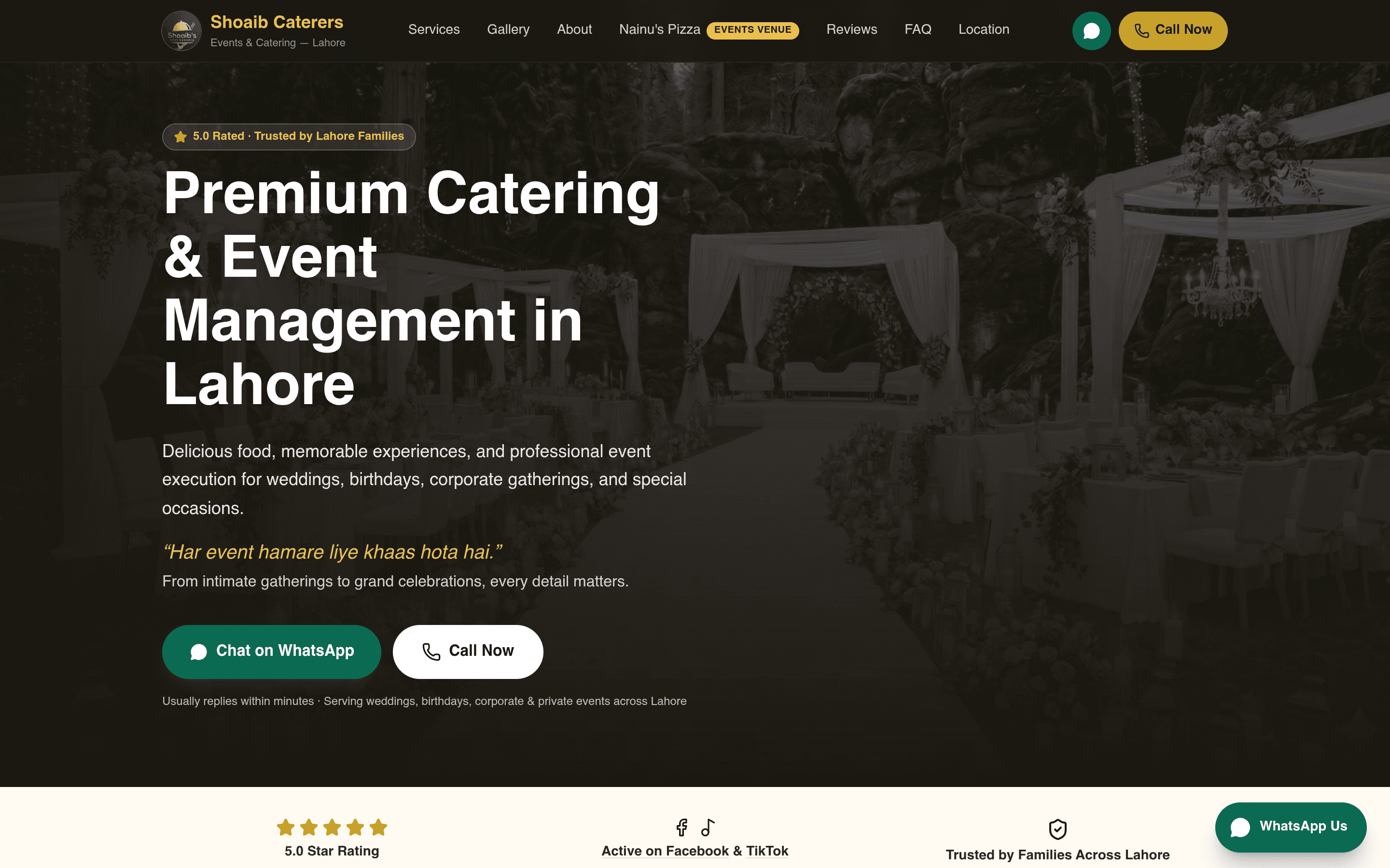 Shoaib Caterers website on a laptop: homepage hero for premium catering and event management in Lahore, with WhatsApp and call buttons
